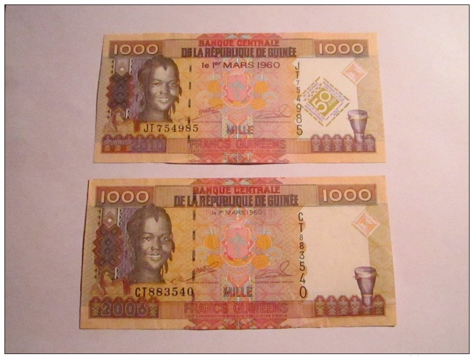 --------2- BILLETS-1000-francs-2006-et-2010-differents-neuf--GUINEE - Guinée