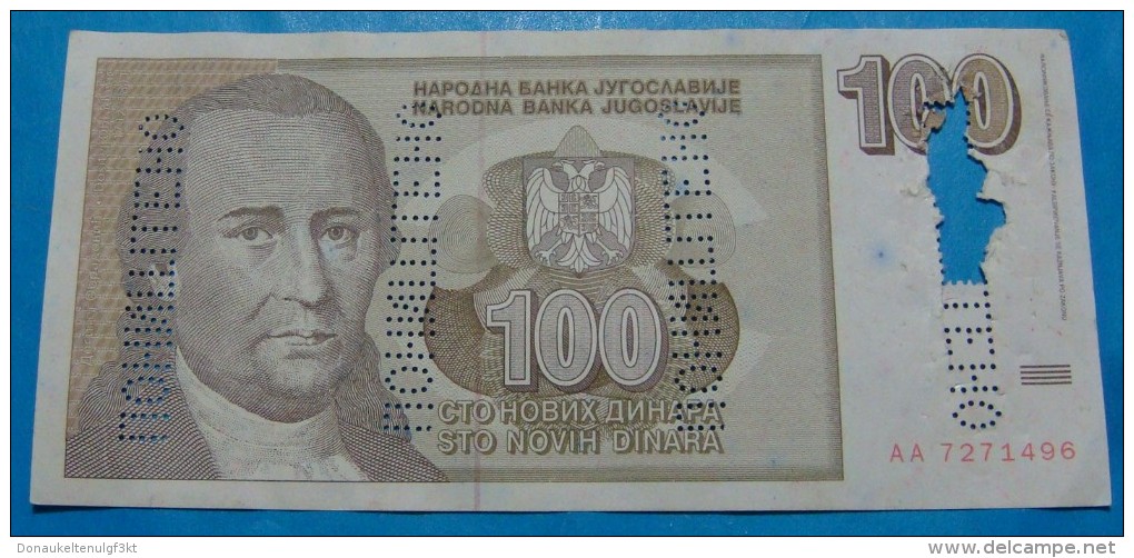 YUGOSLAVIA 100 DINARA 1996 REPLICA, XF. CANCELLED, RARE. - Jugoslawien