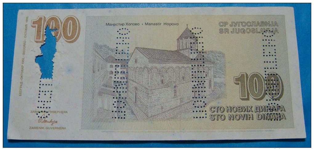 YUGOSLAVIA 100 DINARA 1996 REPLICA, XF. CANCELLED, RARE. - Jugoslawien