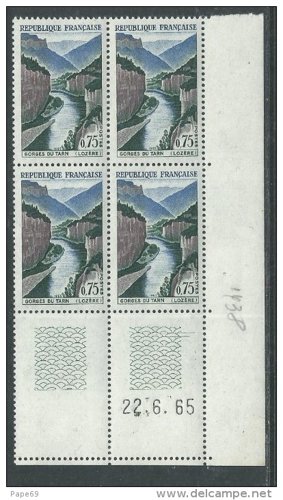 France N° 1438 XX Gorges Du Tarn  En Bloc De 4 Coin Daté Du 22 . 6 . 65, 2 Traits, Sans Charnière, TB - 1960-1969