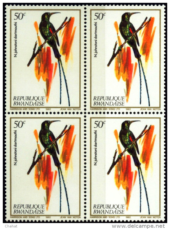 BIRDS-NECTAR SUCKING BIRDS-SCARLET TUFTED SUNBIRDS-RWANDA-1983-BLOCK OF 4-MNH-B6-796 - Colibris