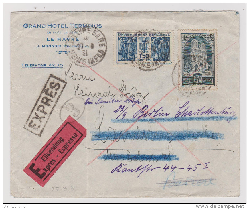 France 1931-09-27 Le Havre Gd Hotel Terminus Exprès Brief Nach Landsberg Weitergeleitet Nach Berlin Rücks.F Bahnstempeln - Lettres & Documents