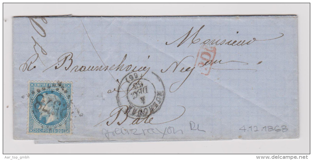 France Mulhouse 1868-12-04 Grenzrayon Brief Nach Basel - 1853-1860 Napoléon III