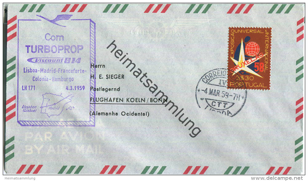 Luftpost Deutsche Lufthansa - Eröffnungsflug Lissabon - Köln Am 4.März 1959 - Lettres & Documents