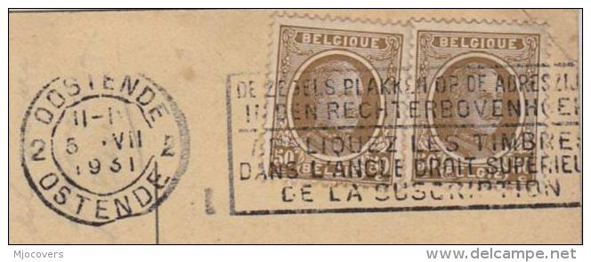 1931 BELGIUM COVER Card SLOGAN Pmk PUT STAMPS IN TOP RIGHT CORNER (postcard Ostende Casino ) - Covers & Documents