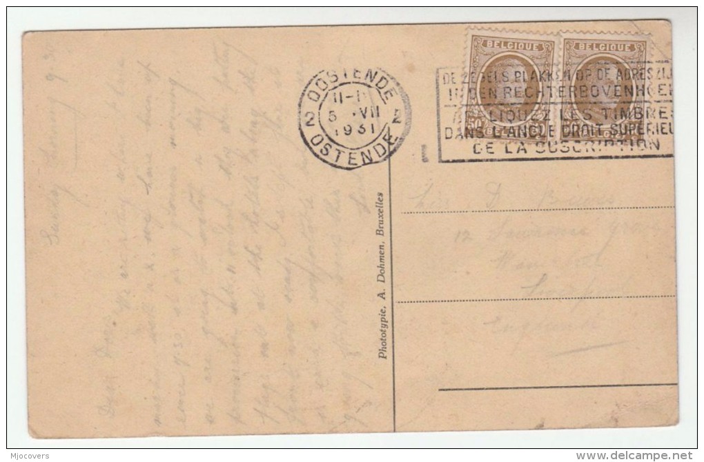 1931 BELGIUM COVER Card SLOGAN Pmk PUT STAMPS IN TOP RIGHT CORNER (postcard Ostende Casino ) - Covers & Documents