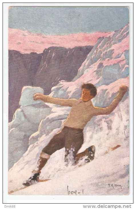 F. K. HRON SIGNED POSTCARD 1920s - WINTER SPORT - BOY &amp; SNOW - N. 604-1 - Other & Unclassified