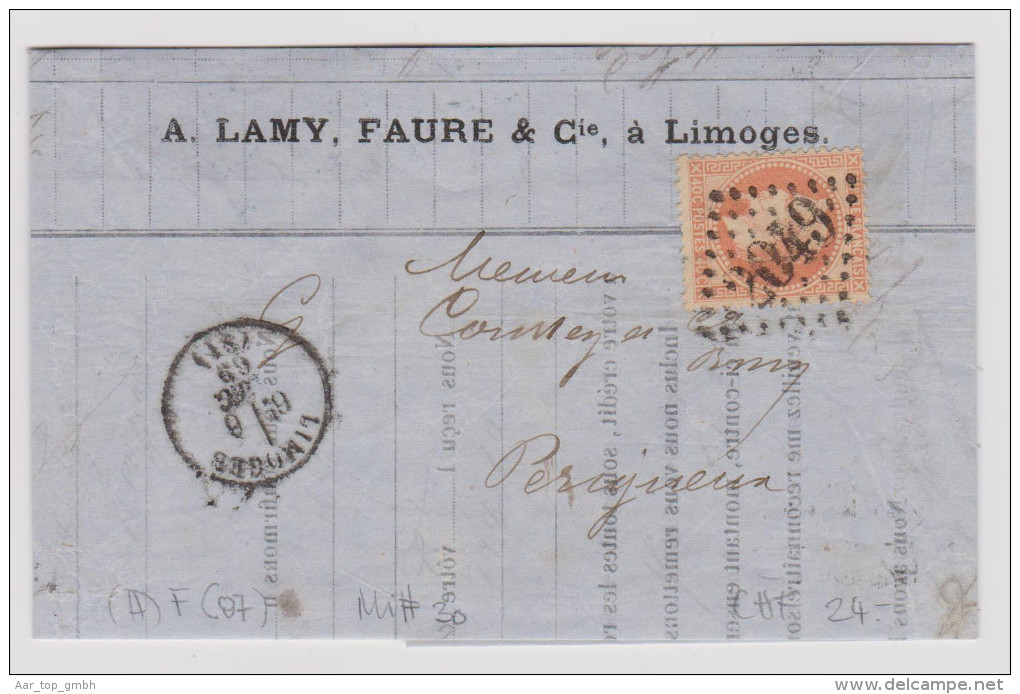 Frankreich 1869-12-06 Limoges Brief Nach Périgueux Mit 40C Napoléon #2049 - 1863-1870 Napoléon III Lauré