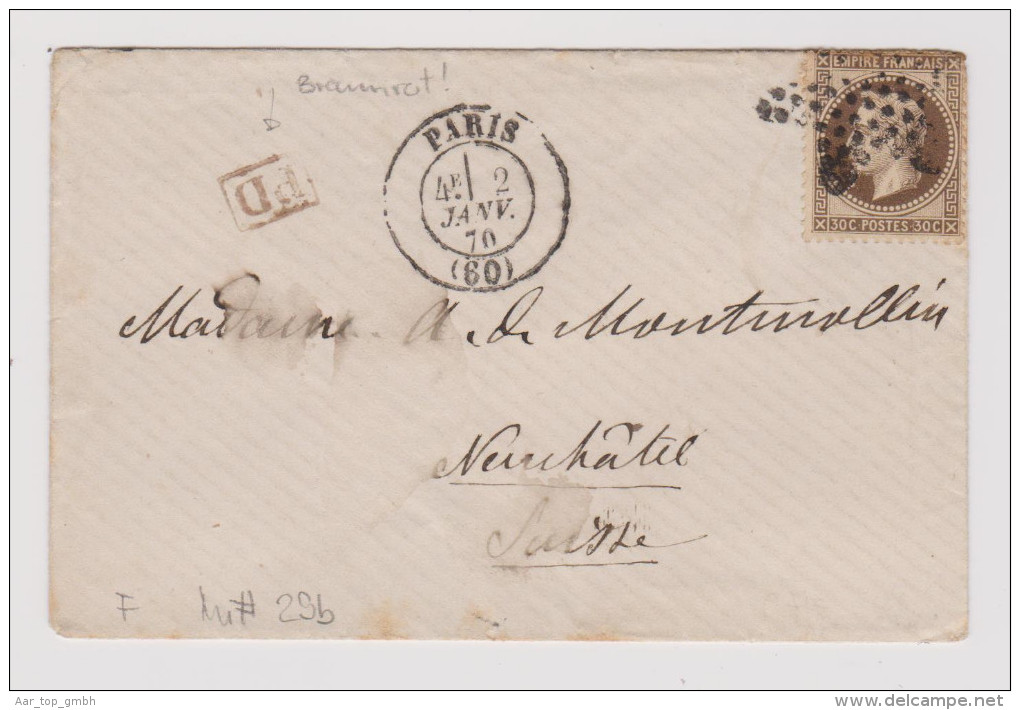 Frankreich Brief Paris 1870-01-02 Mit Mi#29b Nach Neuchatel NE - 1863-1870 Napoléon III Con Laureles