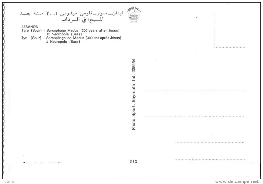 Carte Postale LIBAN Tyr Sour Sarcophage De Medus -  Postcard Lebanon Libanon Tyre Sarcophage Medus - Lebanon