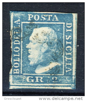 Sicilia 1859 N. 8 Grana 2 Azzurro 1° Tavola Usato, Margine Irregolare A Sinistra Cat &euro; 200 - Sicilia