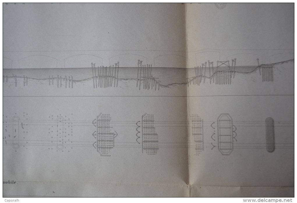 Pont de Bordeaux. Gravure sur cuivre (1845) des travaux de la construction du pont sur la garonne.