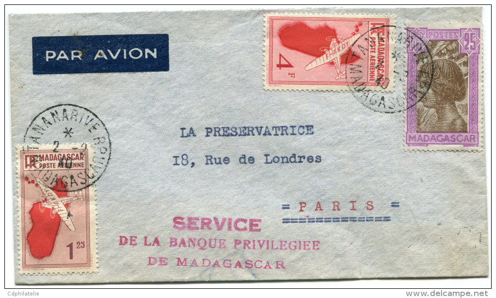 MADAGASCAR LETTRE PAR AVION AVEC CACHET ROUGE "SERVICE DE LA BANQUE PRIVILIGIEE DE MADAGASCAR" DEPART TANANARIVE 2-2-40 - Lettres & Documents