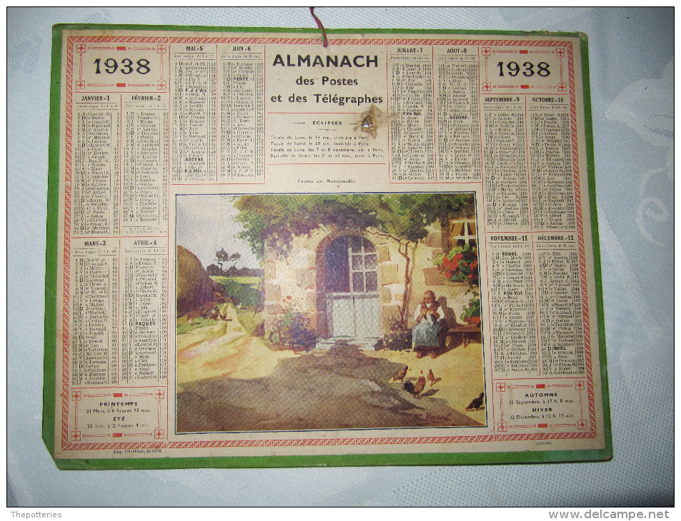7-009 Almanach PTT 1938 Calendrier Calendar  Paris  Normandie Ferme - Petit Format : 1921-40