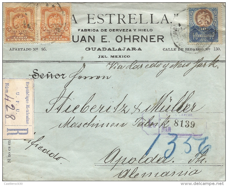 G)1906 MEXICO, COAT OF ARMS, 5 AND 10 CTS. OF 1903, CIRCULATED REGISTERED COMERCIAL COVER FROM GUADALAJARA TO GERMANY, V - Mexico