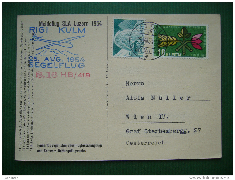 Switzerland: Postcard Postkarte LITTAU 25. 8. 1954 Sonderstempel RIGI KULM SEGELFLUG S.16 HB/418 Meldeflug SLA Luzern - Eerste Vluchten