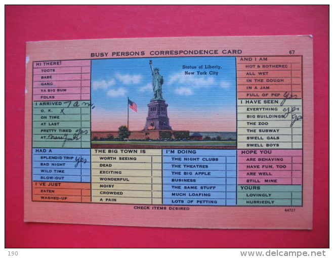 Statue Of Liberty,New York City;BUSY PERSONS CORRESPONDENCE CARD - Statue De La Liberté