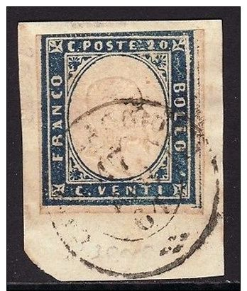 SARDEGNA 1861 - C. 20 AZZURRO OLTREMARE 15 Dc FRAMM (10) - ANNULLO CARAVAGGIO - Sardinia