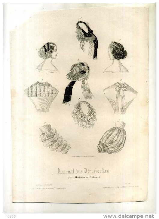 - JOURNAL DES DEMOISELLES . COIFFES . GRAVURE SUR ACIER DU XIXe S. 1860 . - Coiffes, Chapeaux, Bonnets