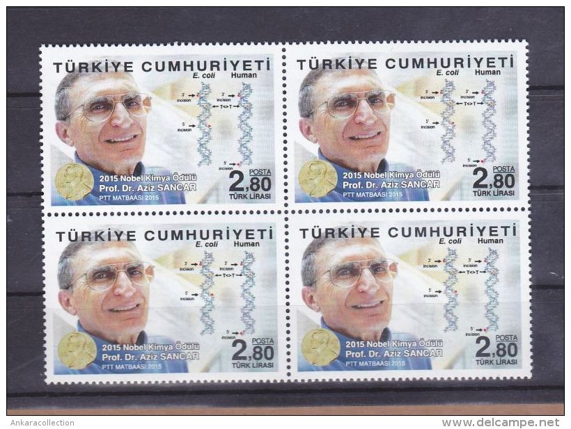 AC - TURKEY STAMP - 2015 NOBEL PRIZE IN CHEMISTRY, DNA Prof Dr AZIZ SANCAR  MNH BLOCK OF FOUR  10 DECEMBER 2015 - Neufs