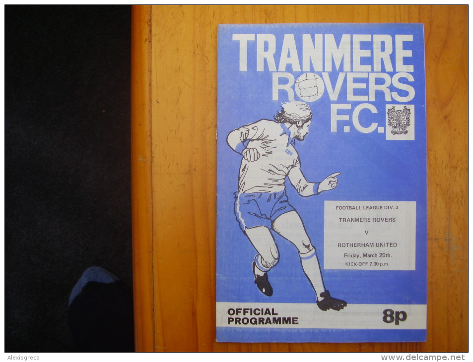 FOOTBALL 1977 TRANMERE ROVERS V ROTHERHAM  UNITED PROGRAMME FOOTBALL LEAGUE Division 3. - Other & Unclassified