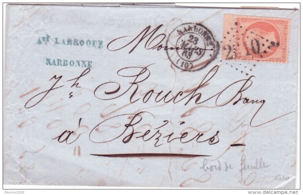 1863- Lettre De Narbonne ( Aude ) Affr. N°23 SEUL  ( Bord De Feuille ) Pour Béziers - 1849-1876: Période Classique