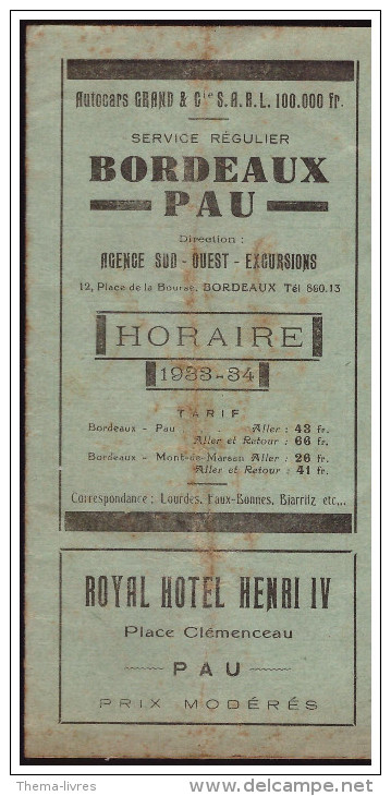 Horaire BORDEAUX-PAU Agence Sud Ouest Excursions 1933-34 (PPP1918) - Europa