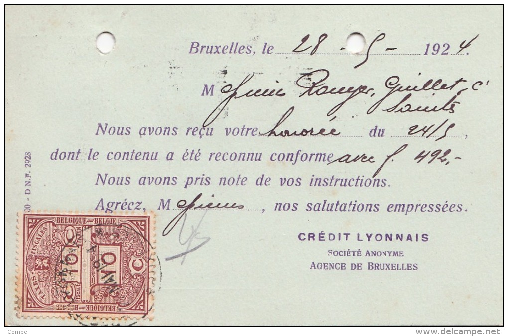 1924 CARTE BELGIQUE  CRÉDIT LYONNAIS. PERFORÉS 40c +5c. BRUXELLES POUR SAINTES CHARENTE. + TAXE FISCALE AU DOS  / 7321 - 1909-34