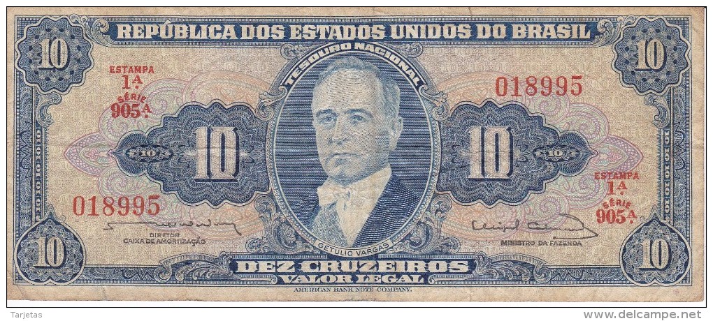 BILLETE DE BRASIL DE 10 CRUZEIROS  (BANK NOTE) - Brasil