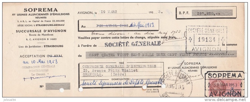 Lettre Change 19/3/1953 SOPREMA Usines Alsaciennes D'émulsions Réunies AVIGNON Vaucluse Pour Grenoble - Lettres De Change