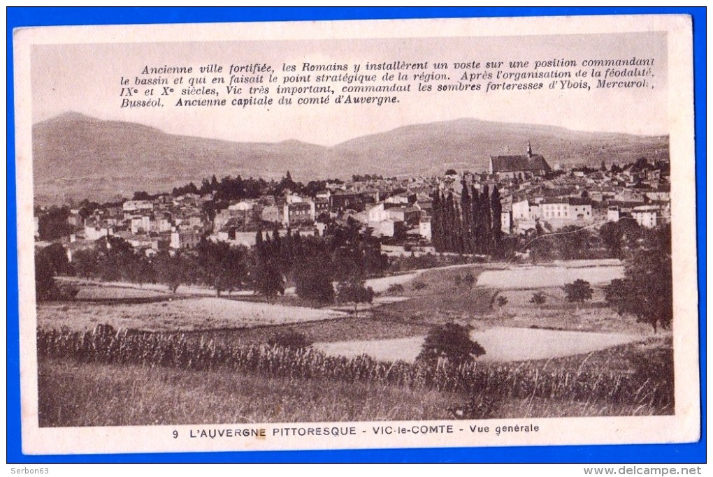 CARTE POSTALE ANCIENNE SEPIA 63 L'AUVERGNE PITTORESQUE PUY DE DOME N° 9 VIC LE COMTE DOS SEPARE ECRIT 29/05/1939 - Vic Le Comte