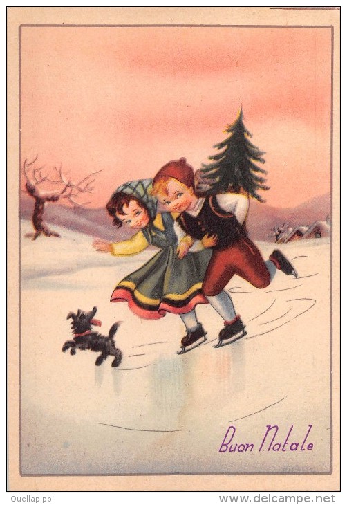 03353 "BUON NATALE"  BAMBINI INTENTI A PATTINARE, NEVE, CANE, PAESAGGIO, ABETE.   CART. NON SPED. - Altri & Non Classificati