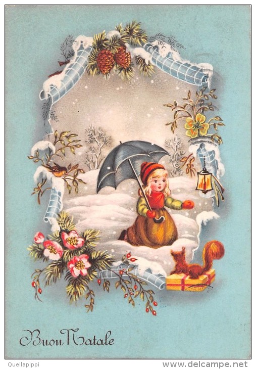 03354 "BUON NATALE"  BAMBINA, DONO, SCOIATTOLO, NEVE, OMBRELLO, UCCELLINO, LUME, PAESAGGIO.   CART. SPED. 1968 - Altri & Non Classificati