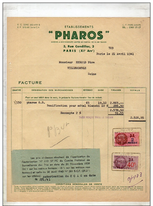 Pharos 3 Rue Condollac Paris 1941 Phares > Herold 5 Allée Erasme Villemomble (f526) - Autres & Non Classés