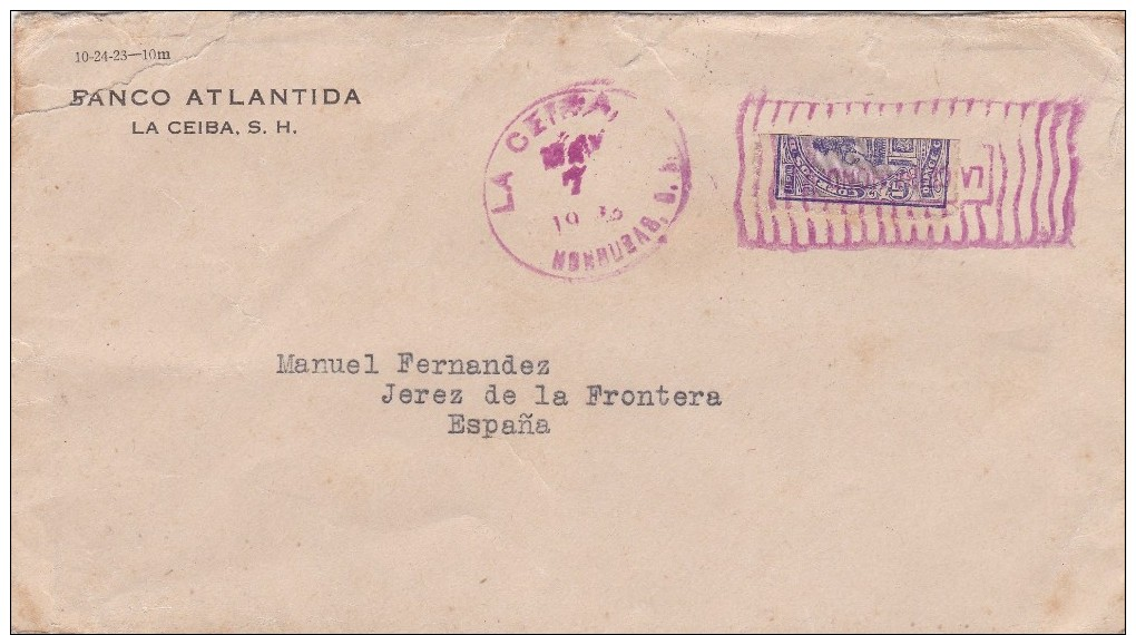 Carta De La Ceiba A Jerez, Con Sello De 15 Ctmos. Bisectado, Circulado En Marzo De 1924 - Honduras