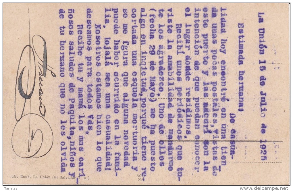 POSTAL DE EL SALVADOR DE LA UNION VISTA PARCIAL DEL AÑO 1925 (JULIO RANK) - El Salvador