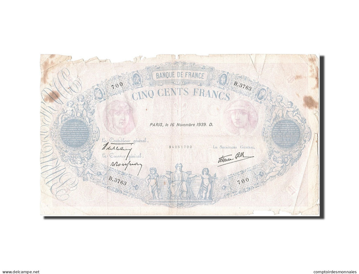 Billet, France, 500 Francs, 1888, 1939-11-16, B+, Fayette:31.48, KM:88c - 500 F 1888-1940 ''Bleu Et Rose''