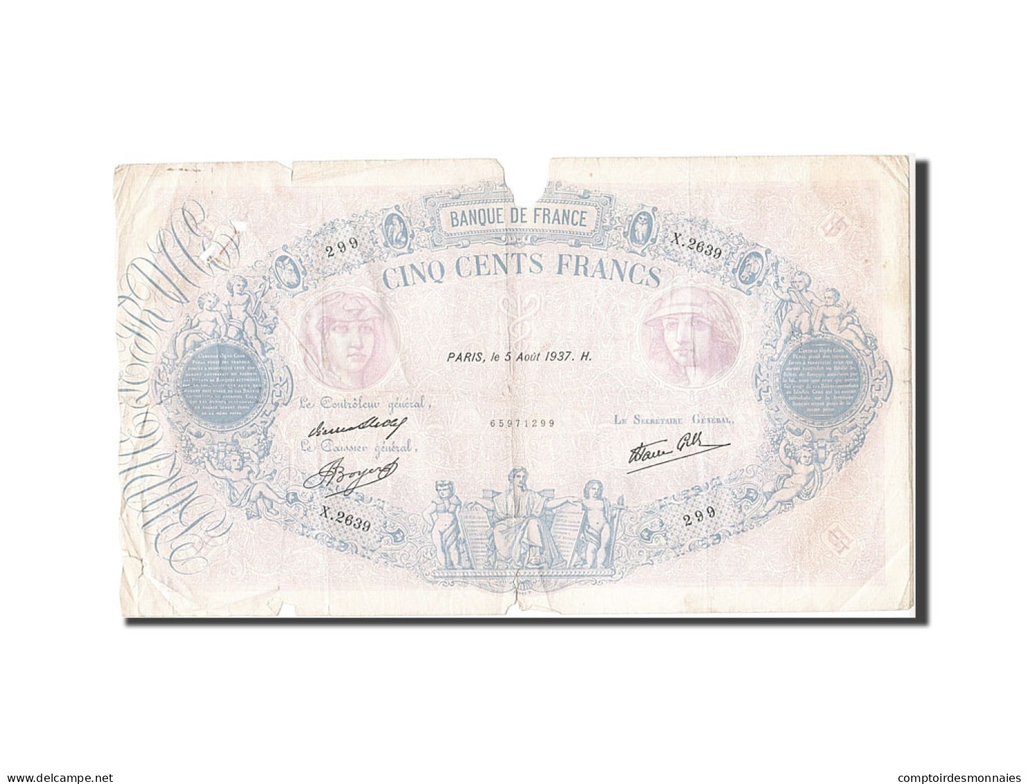 Billet, France, 500 Francs, 1888, 1937-08-05, B+, Fayette:31.1, KM:88a - 500 F 1888-1940 ''Bleu Et Rose''