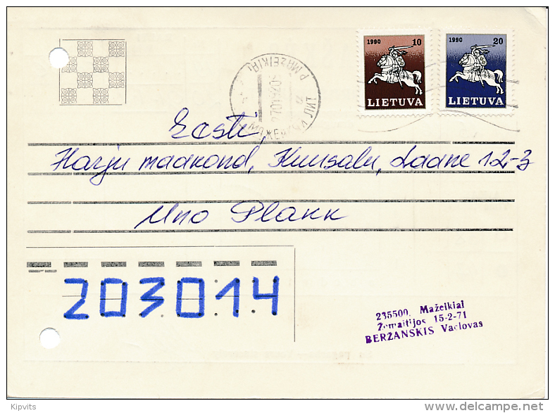 Correspondence Draughts Checkers Multiple Stamps Postcard - 27 January 1992 Mažeikiai To Estonia - Lithuania