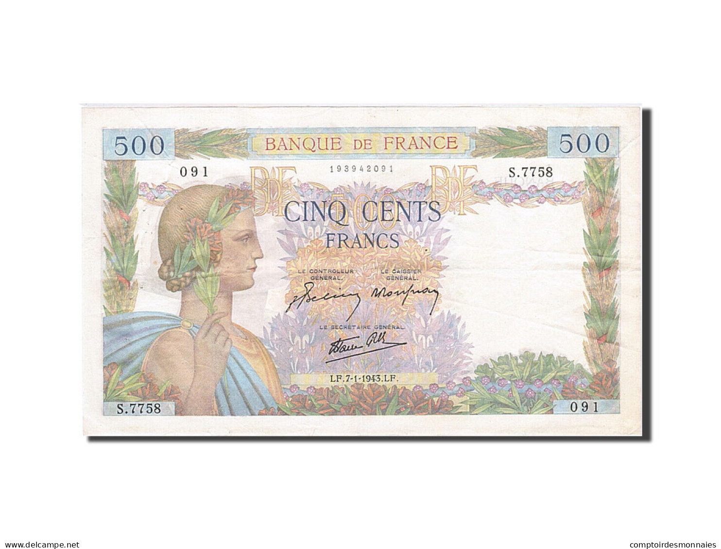 Billet, France, 500 Francs, 1939, 1943-01-07, TTB, Fayette:32.44, KM:95b - 500 F 1940-1944 ''La Paix''