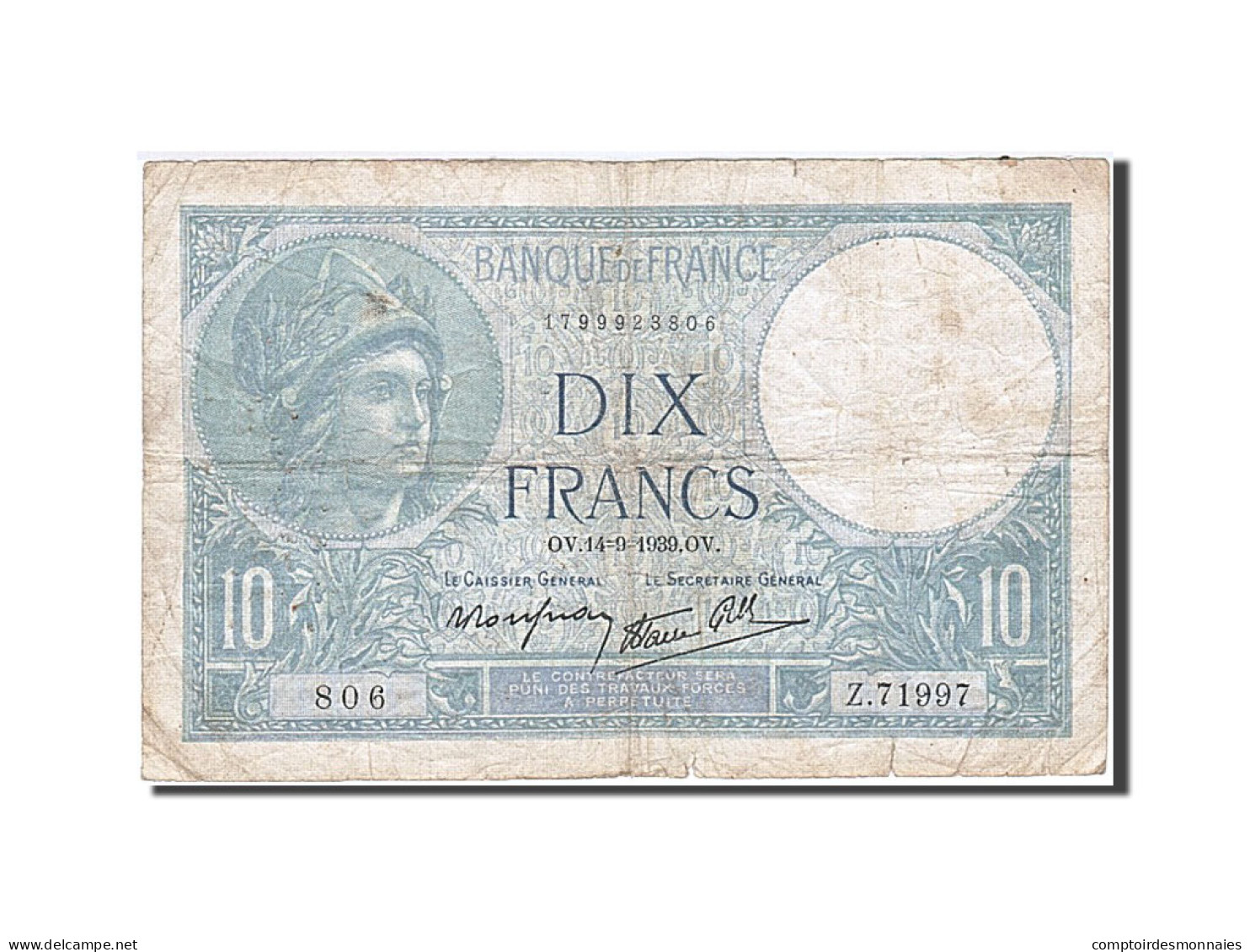 Billet, France, 10 Francs, 1915, 1939-09-14, TB, Fayette:7.7, KM:84 - 10 F 1916-1942 ''Minerve''