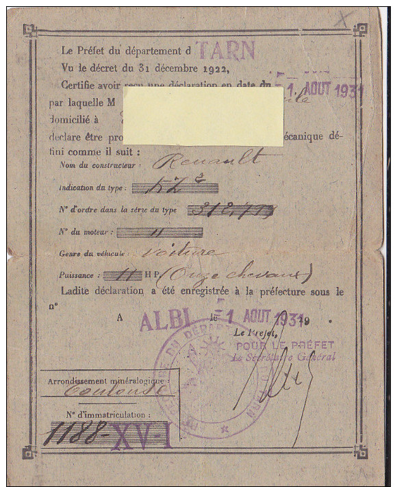 Circulation Des Automobiles Récépissé De Déclaration (carte Grise) 1931 Abi Timbre Fiscal 3f60 - Autres & Non Classés