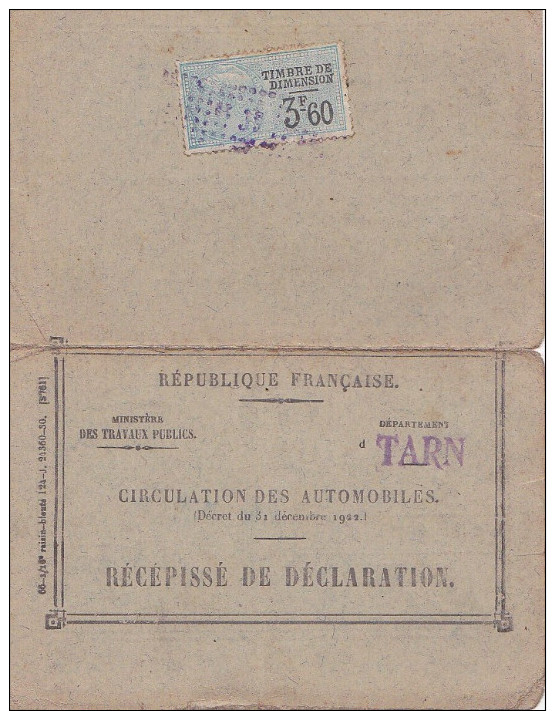 Circulation Des Automobiles Récépissé De Déclaration (carte Grise) 1931 Abi Timbre Fiscal 3f60 - Autres & Non Classés