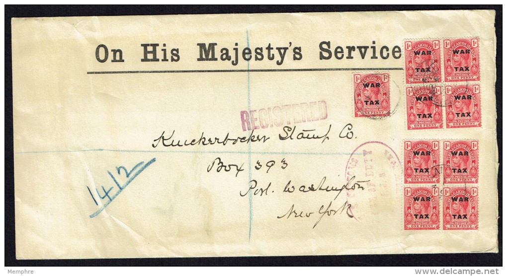 TURKS &amp; CAICOS  1918 Registered OHMS Letter To USA   1d. WAR TAX  SG 146 X9 - Turks & Caicos (I. Turques Et Caïques)