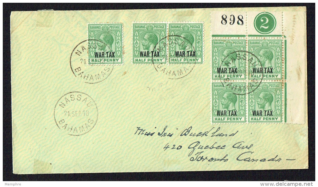 BAHAMAS  1918 Letter To Canada  WAR TAX Overprint Block Of 4 With Control Number +3 SG 96 X7 - 1859-1963 Colonie Britannique