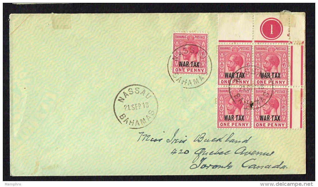 BAHAMAS  1918 Letter To Canada  WAR TAX Overprint Block Of 4 With Control Number +1 SG 97 X5 - 1859-1963 Colonie Britannique