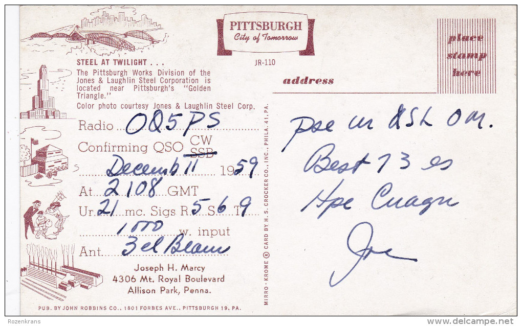 QSL Card Amateur Radio CB 1959 Pittsburgh Pennsylvania - Allison Park Penna - Amateurfunk