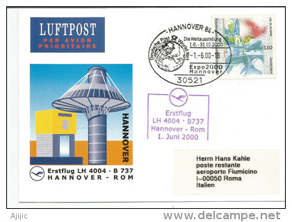 EXPO UNIVERSELLE HANNOVER 2000 / Vol Special Deutsche Post-World Net Hannover-Roma (Italie) 1 Juin 2000 (RARE) - 2000 – Hanover (Germany)