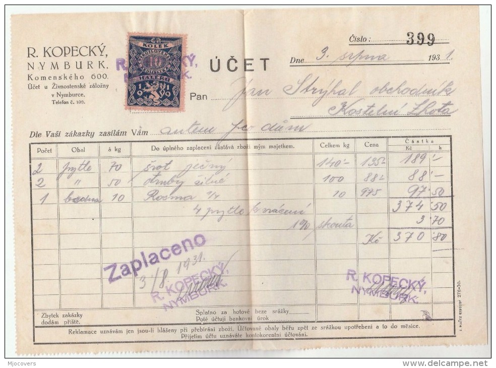 1931 Nymburk CZECHOSLOVAKIA 10h REVENUE Stamps On DOCUMENT Receipt From R Kopecky 399 , Fiscal Heraldic Lion - Covers & Documents