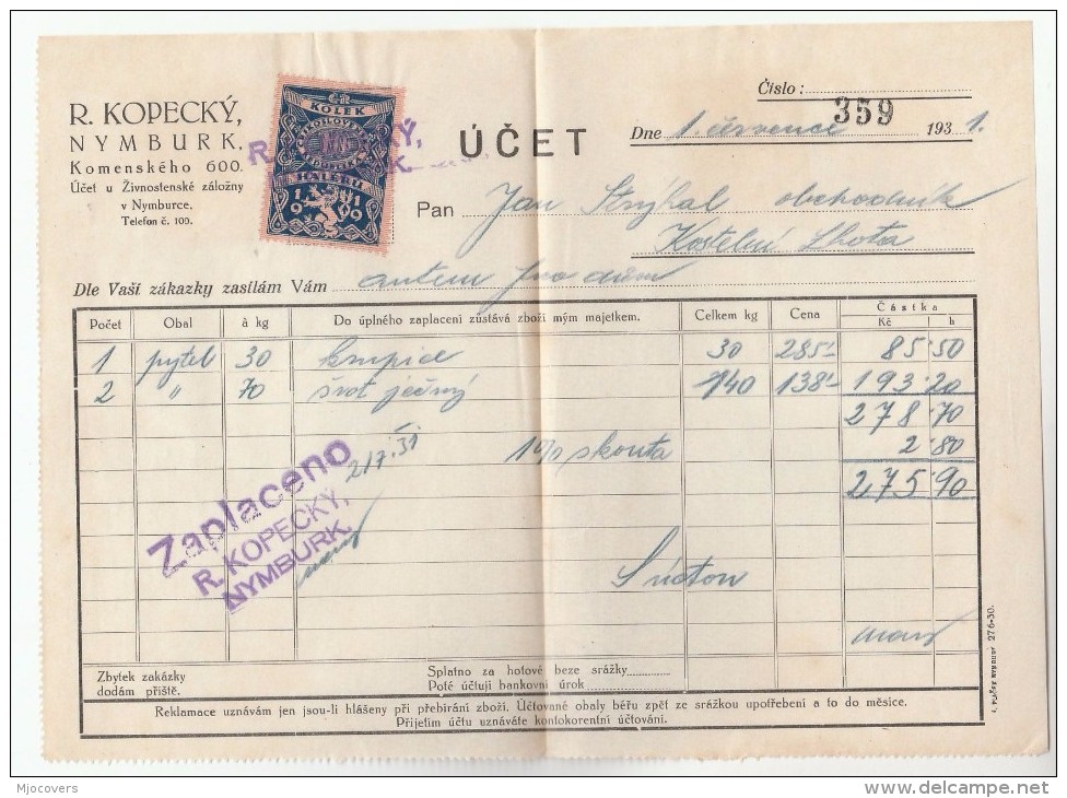 1931 Nymburk CZECHOSLOVAKIA 10h REVENUE Stamps On DOCUMENT Receipt From R Kopecky 359 , Fiscal Heraldic Lion - Covers & Documents